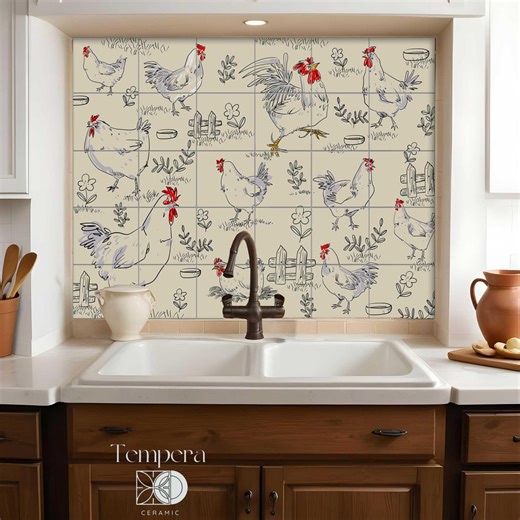 Ceramic Backsplash With Chicken Hen and Rooster Countryside Tiles Mural With Farm Animals - Etsy