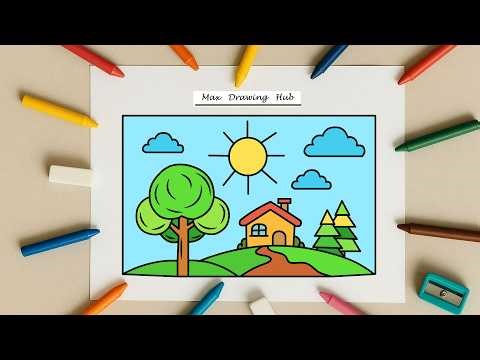 Scenery Drawing | Landscape Pencil Sketch drawing Tutorial | Easy Landscape Drawing for kids | #kids