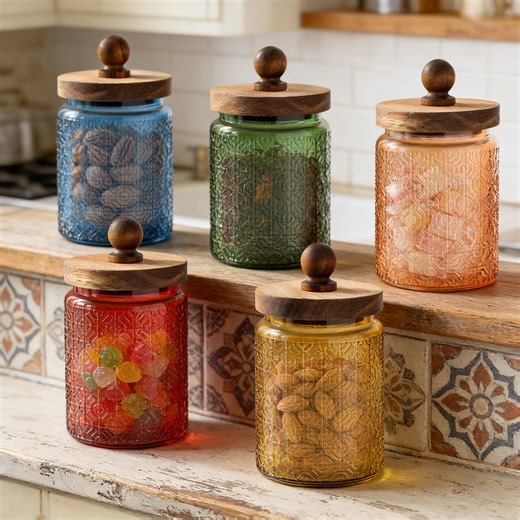 Btomtd Colored Glass Jar for Household Snacks and Candy 700ml/23.7oz, Kitchen Food Storage Containers with Lids for Tea and Dry Goods (Geometric Lattice Embossed, Yellow)