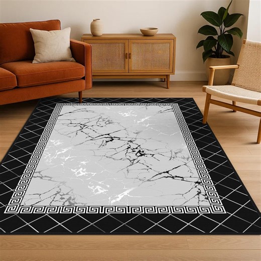 Gray Marble Area Rug, Black Greek Key Border, Elegant Velvet Floor Mat - Etsy
