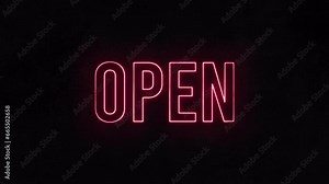 3d neon open sign. Illuminated entrance signboard. Shiny night club signage. Black blink background. Dark art symbol. Red opening icon. Glow light text. Bright motion graphic animation. Electric board