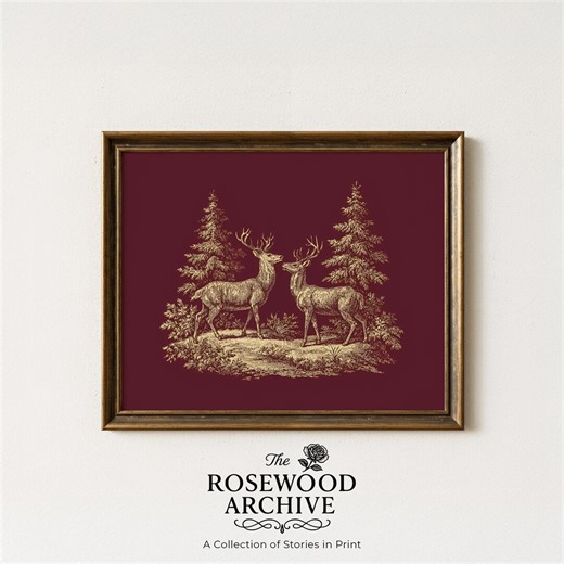Scène de cerf des bois vintage imprimable - portrait rustique de cerf et de biche, art de la ferme élégant, décoration de forêt lunatique, téléchargement numérique instantané 3 - Etsy France
