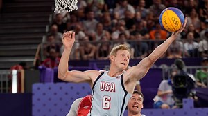 Canyon Barry breaks out father Rick Barry's underhanded free throw during U.S. men's 3x3 game