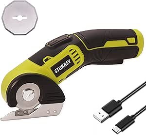 Amazon.com: Sturasy Cordless Electric Scissors, Power Cardboard Cutter with Safety Lock, 4V 2000mAh Electric Box Cutter for Cardboard, Fabric, Carpet, Leather, Paper, Plastic, Packages, Green Rotary Cutter