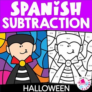 Spanish Halloween Color by Number Code Subtraction Facts Coloring Pages