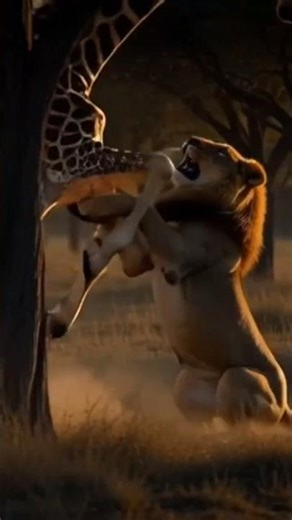 Giraffe and Lion Fight