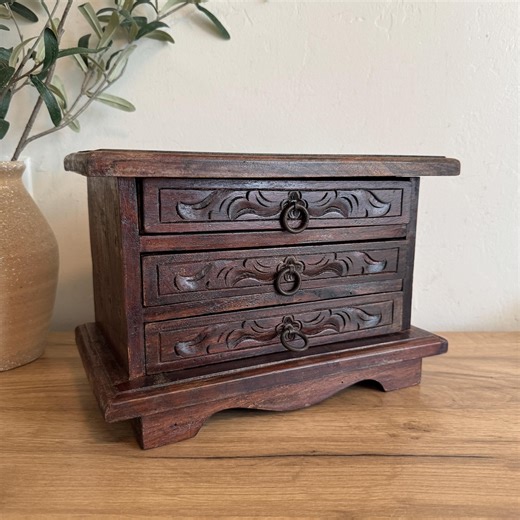 Vintage Wood Apothecary Chest | Carved Three Drawer Box | Rustic Asian Style Storage | Small Tabletop Cabinet - Etsy
