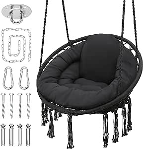 Monibloom Hanging Hammock Chair W/Large Padded Cushion, Macrame Swing Chair for Porch, Max 350 Lbs Capacity Hanging Swing for Adults & Teens, Comfy Hammock for Bedroom Relaxing Reading Napping, Black