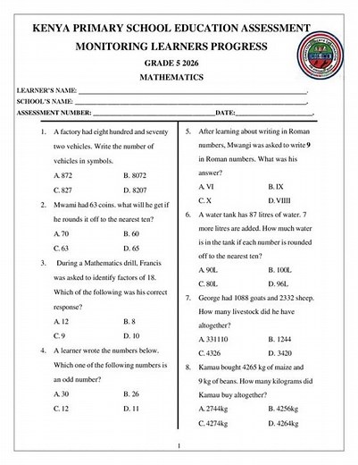 Grade 5 Mathematics Term 1 2026 Opener Exam with Marking Scheme