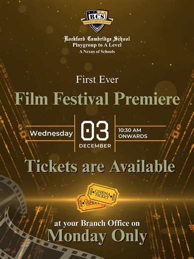 𝐑𝐂𝐒 𝐅𝐢𝐥𝐦 𝐅𝐞𝐬𝐭𝐢𝐯𝐚𝐥 𝐏𝐫𝐞𝐦𝐢𝐞𝐫𝐞 Experience the magic of storytelling at the first-ever RCS Film Festival Premiere, exclusively for RCS students! Join us on Wednesday, 3rd December 2025, for a dynamic showcase of short films created by our talented young students. Seats are limited, so don’t wait—tickets are available now. Grab your seat and be part of this unforgettable cinematic event! #RCSFilmFestival #RCSEvents #Rockford #Rockford #CambridgeSchool #SchoolsInHyderabad #RCSHyd