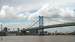 Benjamin Franklin Bridge timelapse on a cloudy warm day over the Delaware River from Camden NJ