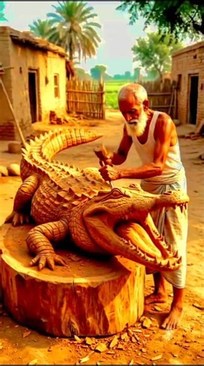 "Old Man Carving Giant Wooden Crocodile 😱 | Mind Blowing Wood Art"