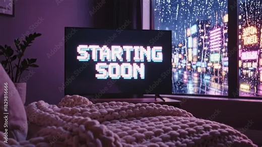 Cozy Stream Setup: "Starting Soon" Screen with Rainy City View. Stream starting soon screen, overlay loop, animated virtual backgrounds, livestream, lo-fi gaming room view. vtuber asset twitch OBS