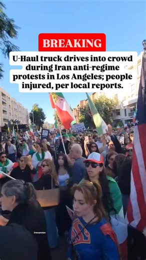 We Are Tov on Instagram: "#BREAKING: U-Haul truck drives into crowd during Iran anti-regime protests in Los Angeles; people injured, per local reports. Video shows signage on U-Haul reading “No Shah. No Regime. No Mullah. USA: Don’t Repeat 1953” — language commonly associated with MEK (Mujahedeen-e Khalq) supporters, a controversial Iranian opposition group that rejects both the Islamic Republic and the return of the Shah, while positioning itself as an alternative power in Iran. Video Source: X