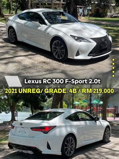 IN READY FOR VIEWING Unregistered Year 2021 LEXUS RC 300 COUPE F-SPORT Package 2.0 Turbocharged Engine 241 Hp @ 350 (NM) 8 Speed Shiftable Automatic 0-100 km/h 6.8 Sec Mileage: 24,890 KM GRADE 4.B Exterior: White color Interior: Black leather Black Wooden interior Keyless & push start 2 Bucket Seats Driver Memory Electronic seat Passenger Electronic seat Heater & Cooler seats Heater Steering F-Sport steering Paddle shift Eco, Sport & Sport Mode Front Monitor Reverse Camera Park Assist 19” Alloy 