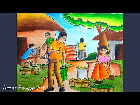 How to draw market scenery step by step | Market scenery drawing | Village market drawing