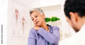 Neck pain, doctor and senior woman in consultation room talking, listening and writing notes for healthcare anatomy, insurance and advice. Arthritis, physiotherapy and orthopedic consulting patient