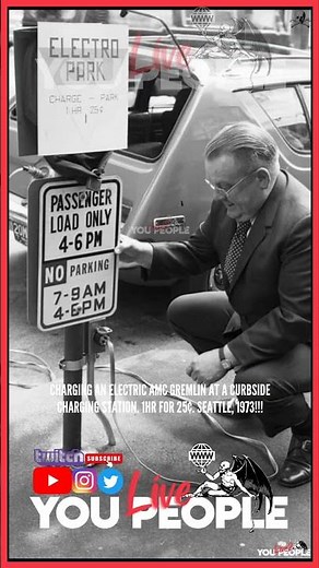 💀Charging an electric AMC Gremlin at a curbside charging station. 1hr for 25¢. Seattle, 1973!!!