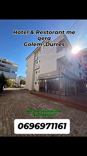 0696971161 Disponojme Hotel, per Qira, Golem, Durrës Informacion mbi Hotelin: • Godinë: 3 kate • Sipërfaqe ndërtimi: 1000 m² Hoteli disponon: • Dhoma gjumi: 18 dhoma 2 suita • Tualete: 20 (pjesë e hotelit) • Hyrje e dedikuar në hotel • 3 dhoma shërbimi • 1 dhomë magazinimi Organizimi: • Recepsion për hotel • Bar-Restorant • Kuzhinë dhe magazinë • Parkim • Për më shumë informacion ose për të organizuar një vizitë, ju lutem më kontaktoni! | Reni FutureHome Dyrrah