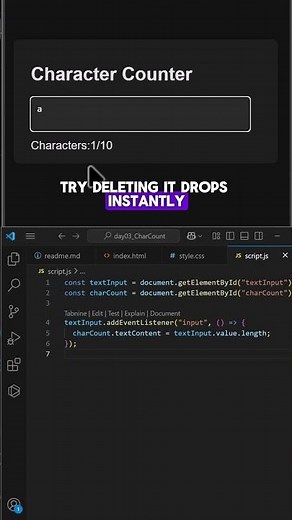 Live Character Count App Using JavaScript! #programming #coding #frontenddevelopment #shorts
