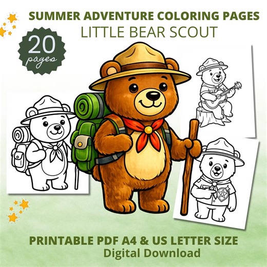 Summer Adventure Coloring Pages for Kids | Fun Bear Scout Camping (PDF Download) - Etsy