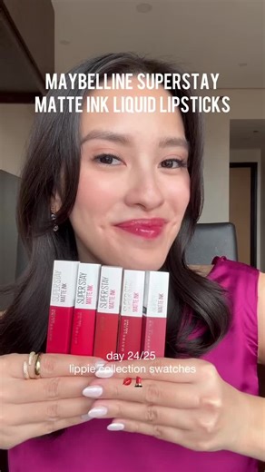 25 Days of Lipstick Swatches: Day 24 💋 Maybelline Superstay Matte Ink Liquid Lipsticks 20 Pioneer 220 Ambitious 370 Overseer 375 Peacekeeper 380 Enchanter #maybelline #superstaymatteink #liquidlipstick #longlastinglipstick #transferprooflipstick #liptints #lipstickswatch #beautytok #beautyph #fyp