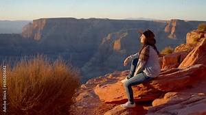 Young Native American woman wearing a cowboy hat standing at the amazing Grand Canyon - travel photography