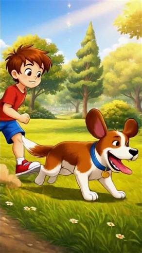 Dog is playing with the boy