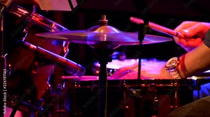 Jazz drummer at a concert, theater scene, drums, video, moving camera, closeup