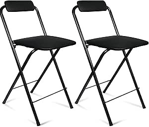 Folding Bar Stool with Back, Tall Foldable Stool Chair Portable Adult Folding Chair Counter Height Seat Leather Padded Kitchen Shop Comfortable and Sturdy (2PCS, 25.5 inch)