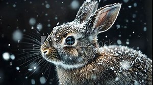 Snow-covered rabbit in winter snowfall, nature close-up. Wildlife and seasonal concept