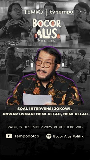 tempo.co by Tempo Media Group on Instagram: "Soal Intervensi Jokowi, Anwar Usman: Demi Allah, Demi Allah Mantan Ketua Mahkamah Konstitusi Anwar Usman buka suara soal putusan bernomor 90 tahun 2023 yang membuka jalan bagi kemenakannya, Gibran Rakabuming Raka, ikut Pemilu 2024. Wawancara pertama Paman Usman setelah skandal konstitusi itu. Tayang di YouTube Tempodotco pada Rabu, 17 Desember 2025. Simak selengkapnya Program Bocor Alus Politik di Channel Youtube Tempodotco dan Spotify #BocorAlusPolit