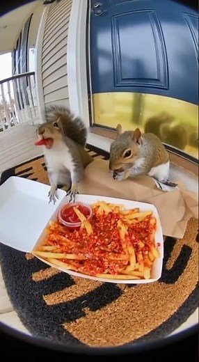 Two Squirrels Steal My Delivery… But It’s Spicy Fries! 😂🔥🌶️🐿️ #squirrel