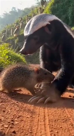 Honey Badger vs Greater Cane Rat on the a liana-draped ridge with drumming hornbills