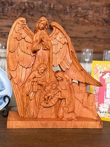 Carved Wood Nativity Scene With Angel: Rustic Christmas Creche - Etsy