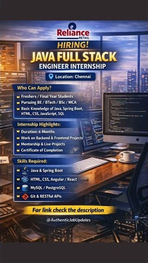 Reliance Retail Internship 2026 💻 | Java Full Stack Engineer | Freshers Apply 🔥 #shorts #reliance