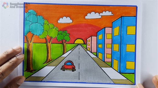 Colorful Sunset City Road Drawing | Easy Scenery Art | Step By Step Drawing | Rongdhonu Art and Drawing