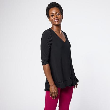 Nina Leonard 3/4-Sleeve Trim Inset V-Neck Tunic | HSN