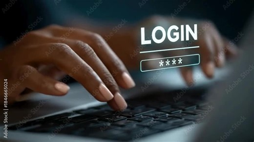 Hands Typing with Floating “LOGIN” Text and Password Dots – Digital Access, User Experience & Secure Authentication Interface