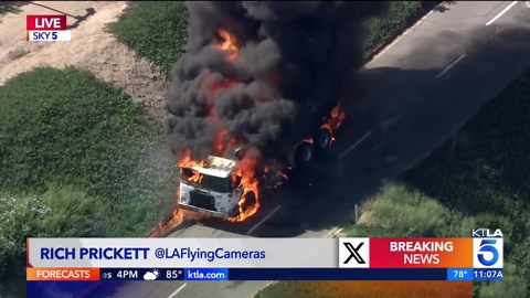 Trash truck fully engulfed in flames on 91 Freeway in Riverside