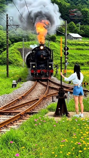 A manual railway switch operation on a branching track as a train emerges from a tunnel