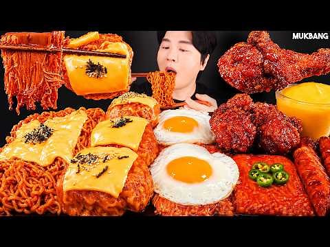 ASMR MUKBANG | Fire Noodles, Spicy Enoki Mushrooms, Fried Chicken, Sausage EATING SOUND