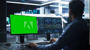 Professional Male IT Technical Support Specialist and Software Developer Working on Computer with Green Screen Mock-display in Monitoring Control Room. Programmer Fixing Hiccups in Service