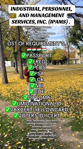 List of requirements for applying to #ipams bound to Hungary 🇭🇺🇭🇺🇭🇺 @highlight Industrial Personnel and Management Services, Inc. (IPAMS) @highlight | Gerald In Hungary