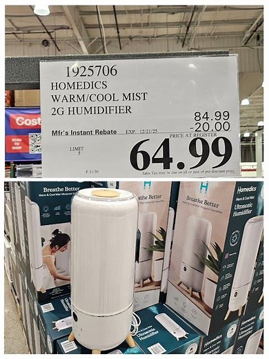 Homedics Warm/Cool Mist 2G Humidifier is on sale at Costco for $64.99. Sale ends on Dec 21 2025