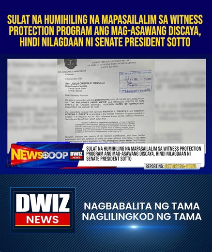 23K views · 401 reactions | Sulat na humihiling na mapasailalim sa witness protection program ang mag-asawang Discaya, hindi nilagdaan ni Senate President Sotto | #NEWSCOOP YouTube: www.youtube.com/@DWIZ882Live #dwiz #dwiznews #aliw23 | DWIZ 882 | Facebook