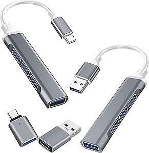 4-Port Mini USB Hubs and USB Adapters, USB C and USB A Hubs, Type C to USB 3.0 Converter, USB C to USB 3.0 Adapter. Compatible with Laptops, PC, Smart OTG Phones, Tablets, and USB Chargers (Gray)