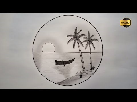 How to Draw a Beautiful Tropical Landscape in a Circle with Pencil | Easy Drawing