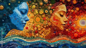 A mosaic of colorful symbols and sacred geometry fills the background representing the vast array of spiritual and metaphysical paths one can take on their journey towards