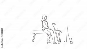 Animated self drawing of continuous line draw leg fracture patient. Medical doctor talking to woman with broken leg. Young girl on consultation with trauma. Full length single line animation